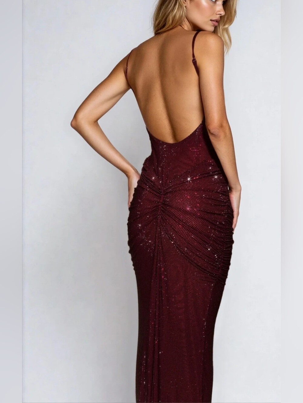 MESHKI Elegant Wine-Red Ruched Backless Evening Dress Size L